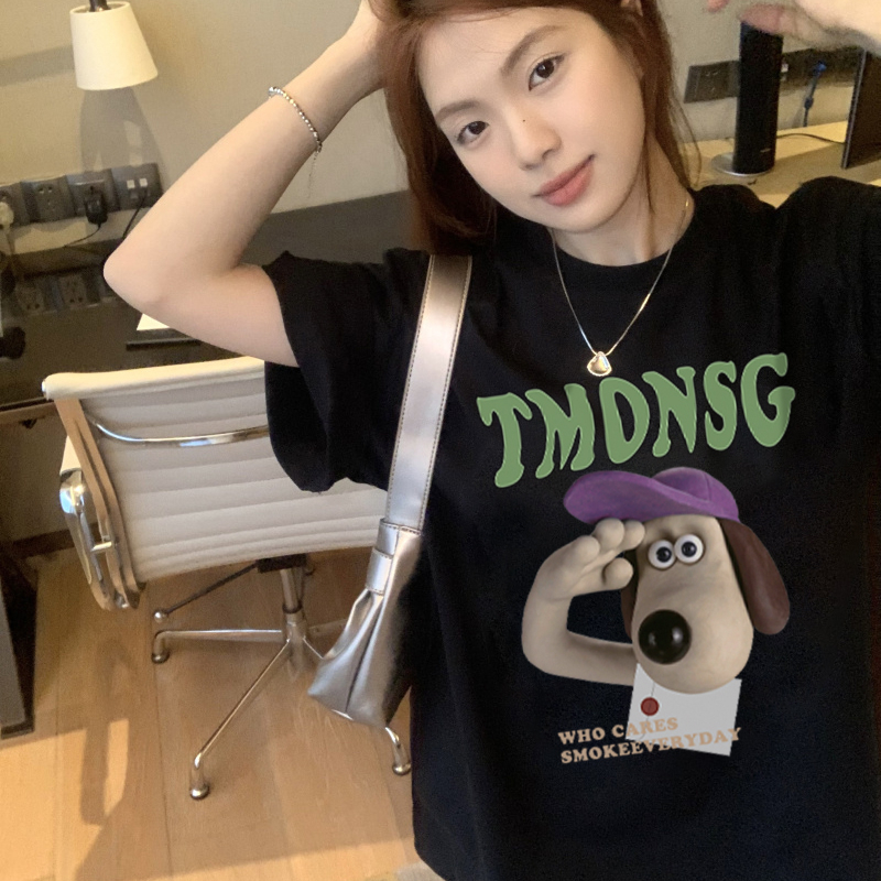 EUNII T-shirt Lengan Pendek Cartoon Salute Harpy Dog Printing Korean Style/Kaos Atasan Wanita/Baju Wanita/Kaos Wanita