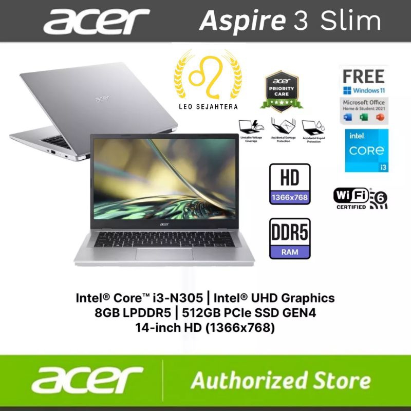 Acer Aspire 3 Slim core i3 ram 8gb SSD 512GB baru segel garansi resmi acer Indonesia 1 tahun