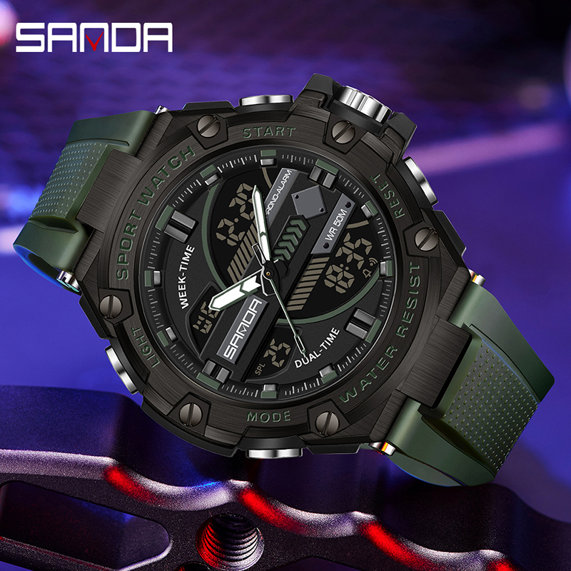 SANDA 3185 Jam Tangan Pria Digital Analog Sport EL Backlight Tali Rubber Anti Air WATCHKITE WKOS