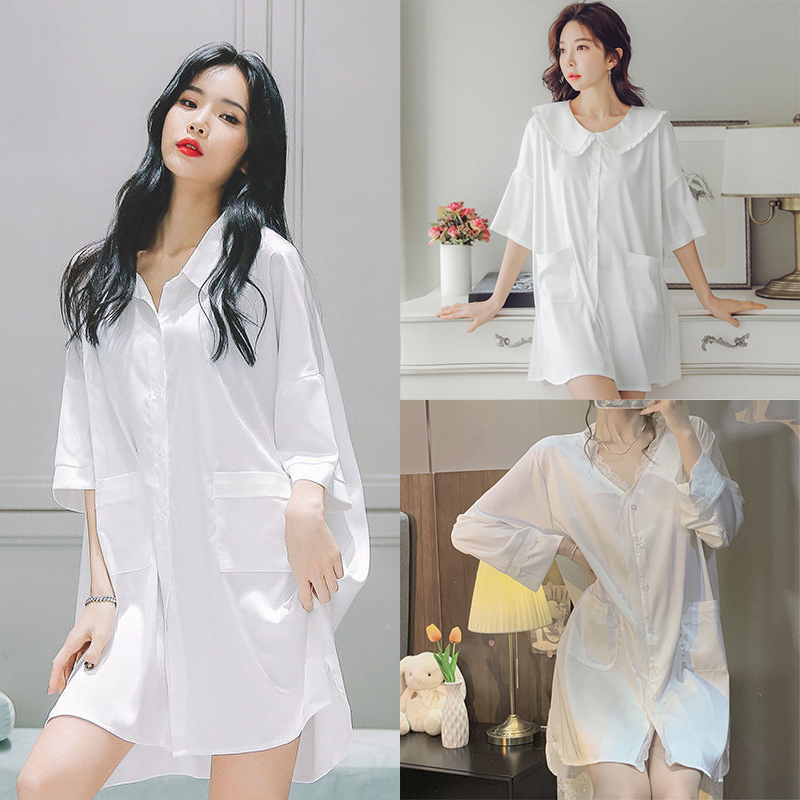 UNINICE [COD] Piyama baju tidur putih kemeja Dress panjang sexy bahan Chiffon