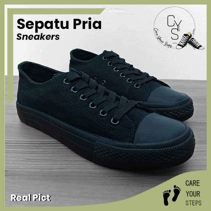 CYS Sepatu Sneakers Pria Sepatu Kasual Kanvas Hitam Polos Sepatu Sekolah Cowok SPT 06