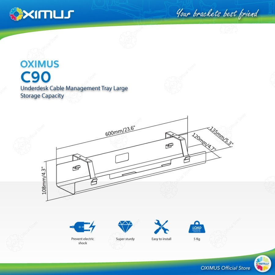 OXIMUS C90 Under-Desk Cable Management Tray Large Story Capacity