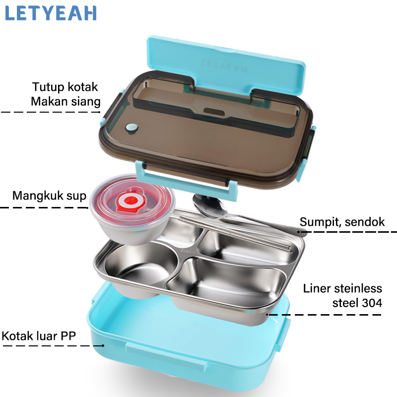 letyeah Lunch box stainless 4 skeat anti tumpah dan tahan panas kotak makan set tas/mangkuk sup/tempat bekal makan