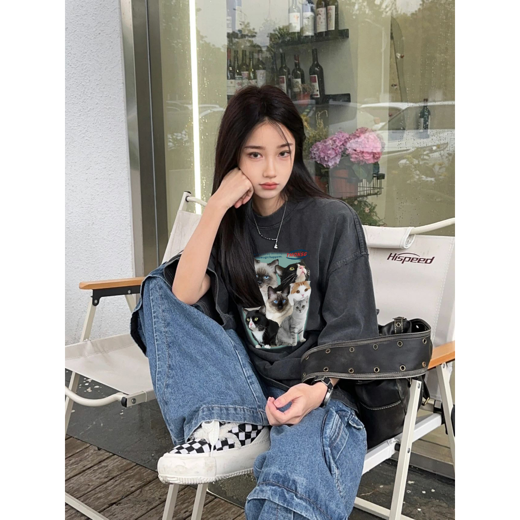 EUNII T-shirt Lengan Pendek Black Washed Cartoon Cat Printing Korean Style/Kaos Atasan Wanita/Baju Wanita/Kaos Wanita