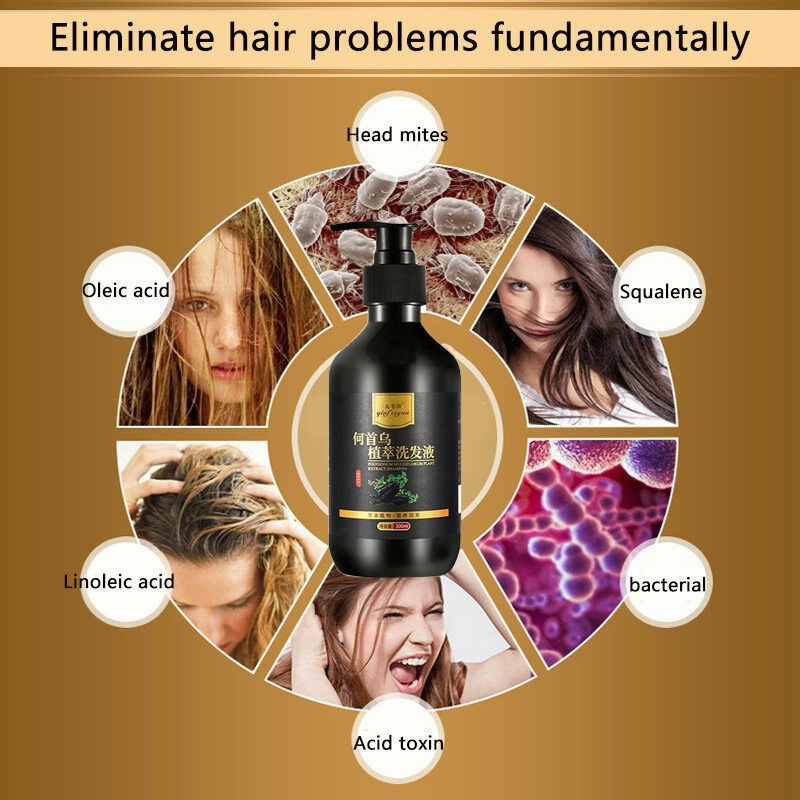 Polygonum Multiflorum Shampo 300ml Herbal Shampo Rambut Hitam Menutrisi Akar Rambut Rambut Putih hingga Perawatan Kondisioner Rambut Hitam