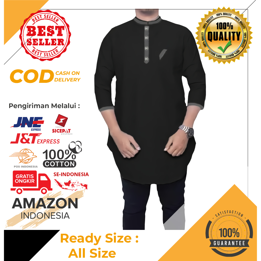 Baju Koko Pria Lengan Panjang 3/4 Motif Polos Warna Hitam Toyobo - Baju Koko Pria Dewasa - Busana Muslim Pria - Baju Lebaran Pria - Koko Pria Dewasa - Muslim Pria - Baju Kokoh - Baju Koko Batik - Koko Batik Pria - Alqorni - Baju Ramadhan - Seragam Hadroh