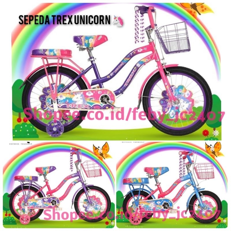 Trex Sepeda Anak Perempuan Unicorn Mini Ukuran 12 16 18 Inch Keranjang Besi