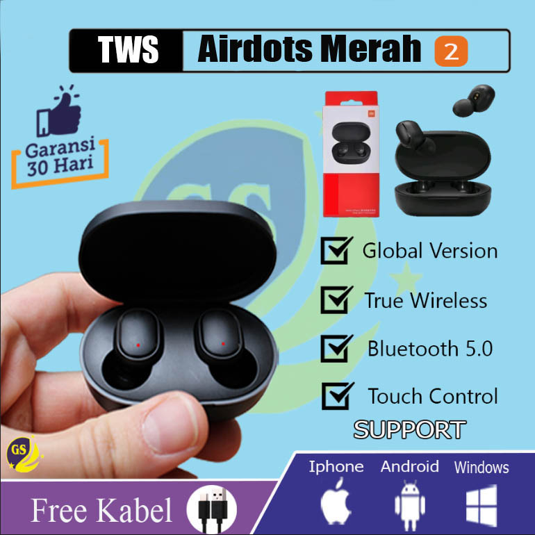 Airdots Merah 2 Gen 2 TWS Headset Bluetooth 5.0 Wireless Earphone Stereo Bass Airdots Xiaomi Redmi