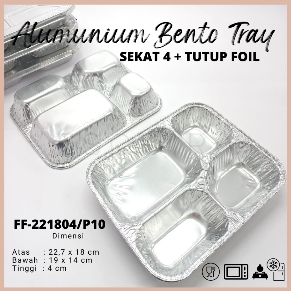 Alumunium Bento Tray Sekat 4 +Tutup Foil (10pcs) FF-221804 / P10