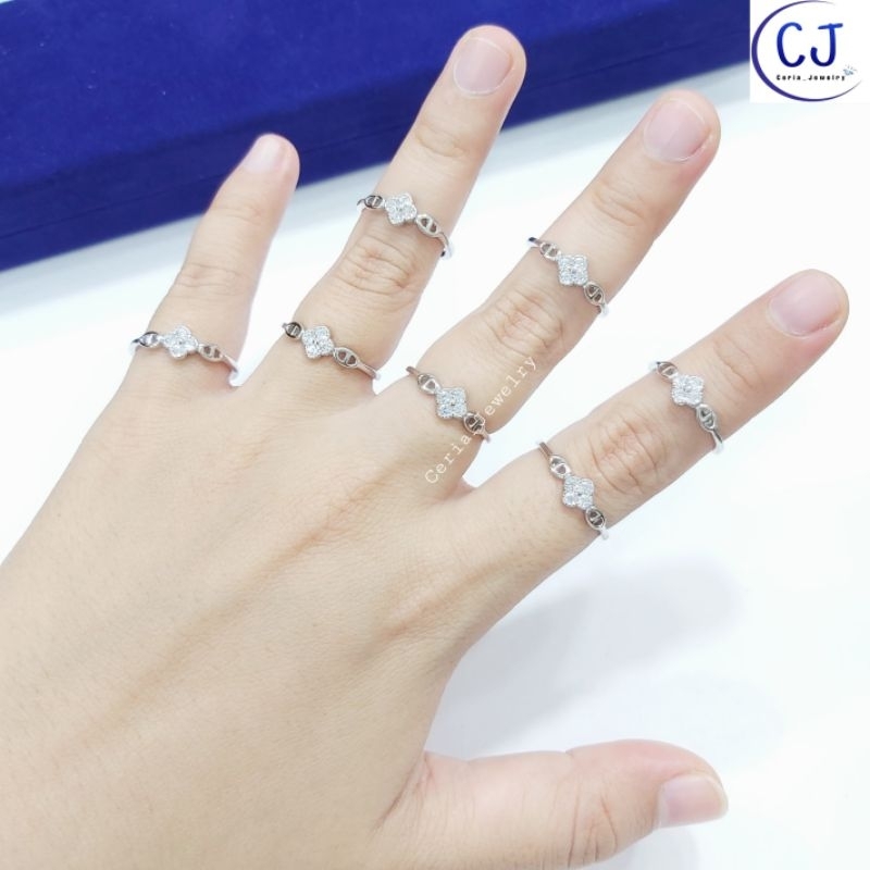 Cincin Perak Asli Silver 925 Lapis Emas Putih Model Van Cleef Permata Putih - Perhiasan Perak Asli