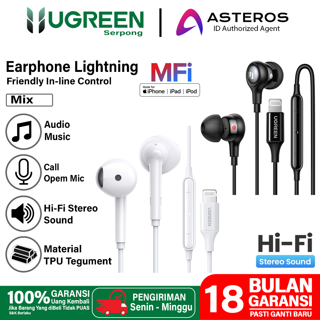 UGREEN Handsfree Lightning iPhone MFi Headset Earphone Original