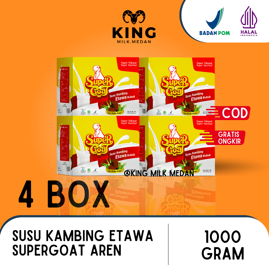 

4 box Super goat - Susu kambing Bubuk Etawa Gula Aren Atasi Nyeri Sendi Sakit Lutut dan Diabetes seperti produk Etawalin Etawaku Platinum Sr12 Gomars Provit Hni Herba Wight Supergoat Medan di