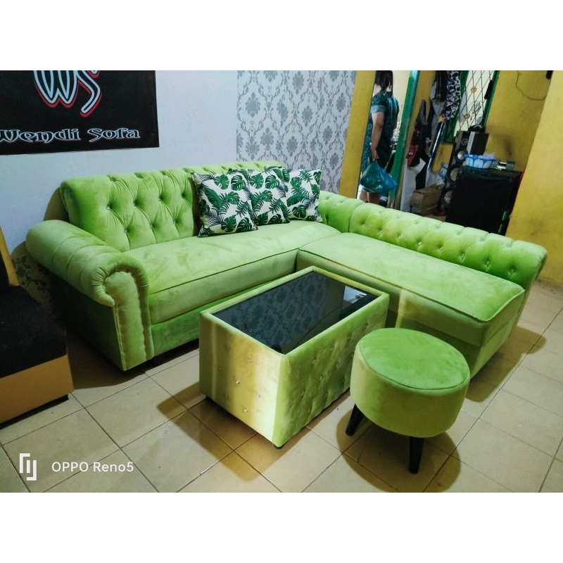 Sofa L Kancing + 1 Stool Bulat