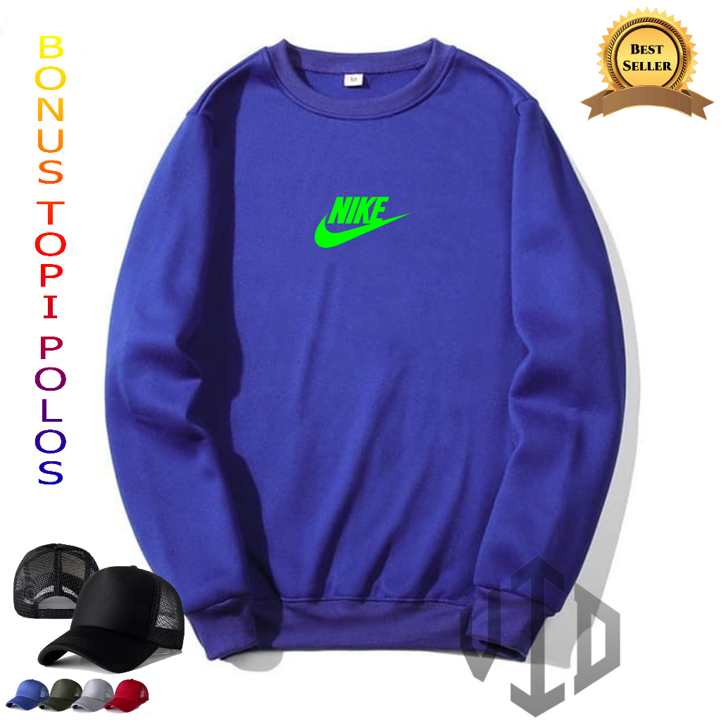 BONUS TOPI...Sweater Crewneck NIKE0002 Motif NEON GREEN+TOPI //Sweatshirt Hoodie Pria/Wanita//Switer