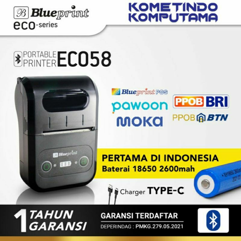 BP-ECO58 Portable Printer Thermal Mini BLUEPRINT USB Bluetooth Baterai 18650 ECO 58