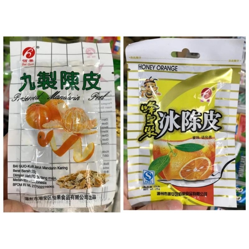 

Bai Guo Manisan Kulit Jeruk Preserved Mandarin Peel 25gr /Honey Orange Kulit Jeruk Mandarin Kering