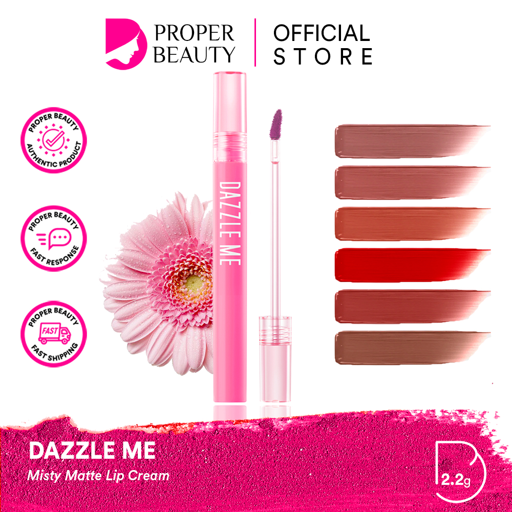 DAZZLE ME Misty Matte Lip Cream Indonesia / 2.2g / Comfortably Mate Easily Spreadable Hard To Smudge Contains Lip Care Ingredient / Moist Mask Proof Tahan Lama / Cosmetic Makeup Lips Make Up Kosmetik Bibir Series / Lipstick Lipstik Tint Matte Glossy Krim