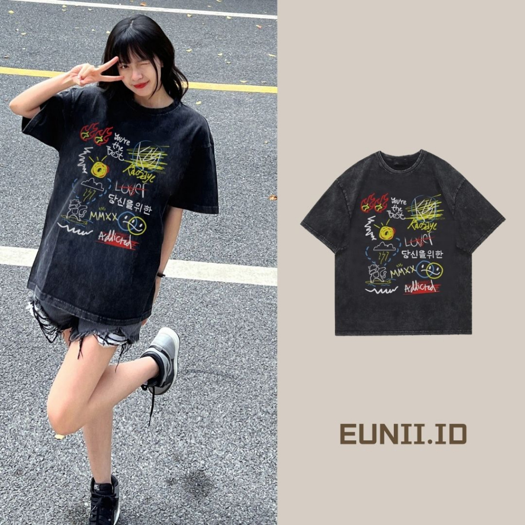 EUNII T-shirt Lengan Pendek Black Washed Cartoon Graffiti Printing Korean Style/Kaos Atasan Wanita/Baju Wanita/Kaos Wanita