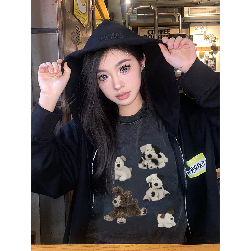 EUNII T-shirt Lengan Pendek Black Washed Cartoon Cow Dog Printing Korean Style/Kaos Atasan Wanita/Baju Wanita/Kaos Wanita