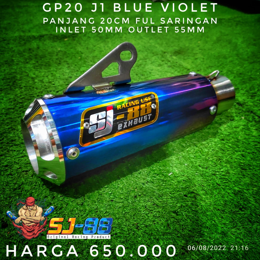 SILENCER KNALPOT SJ88 GP20 J1 &amp; J2 BLUE VIOLET, PNP HEADER/PIPA OUT 50 MM