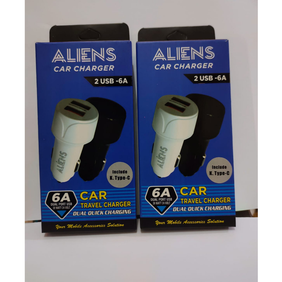 CAR CHARGER MOBIL ALIENS 2 USB WITH USB TYPE C 6A DUAL PORT USB 30 WATT 24 VOLT TRAVEL CHARGER DUAL QUICK CHARGING