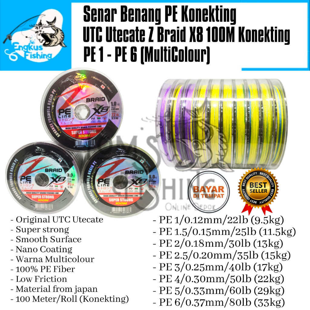 Senar Benang Pancing PE UTC Utecate Z-Braid X8 Halus (PE 1 - PE 6) 100M/Roll Konekting - Engkus Fishing