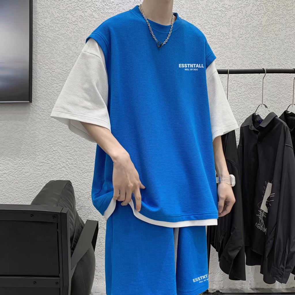 (Celana+TOP) ONE SET SETELAN T-SHIRT DAN CELANA  SUMMER INS KOREAN WIND CASUAL HOLIDAY TWO SHORT-SLEEVED T-SHIRT SUIT MEN'S TREND OF LOOSE-FITTING MULTI-SPORT SHORTS TWO-PIECE SET