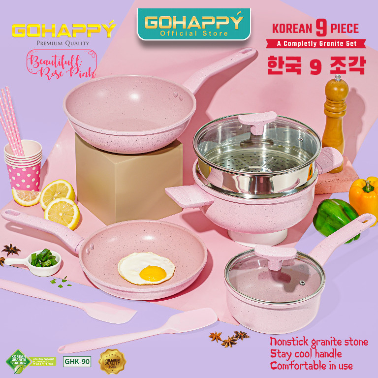 Great GOHAPPY 9PC KOREA COOKWARE GHK90 / Panci SET 9 Pcs Panci Granite PINK TURQOISE VANILA