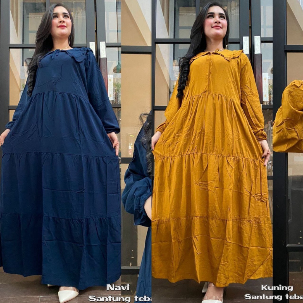Midi Longdress Daster Lengan Panjang Polos Susun Busui Resleting Depan Ukuran Ld 110 Cm