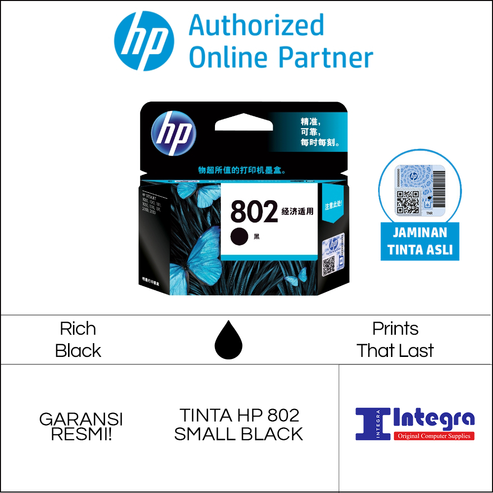 Tinta HP 802 Black / Hitam Original Cartridge  -  CH561ZZ HP Deskjet 1000, 1010, 1015, 1050, 2000, 2050, 3050