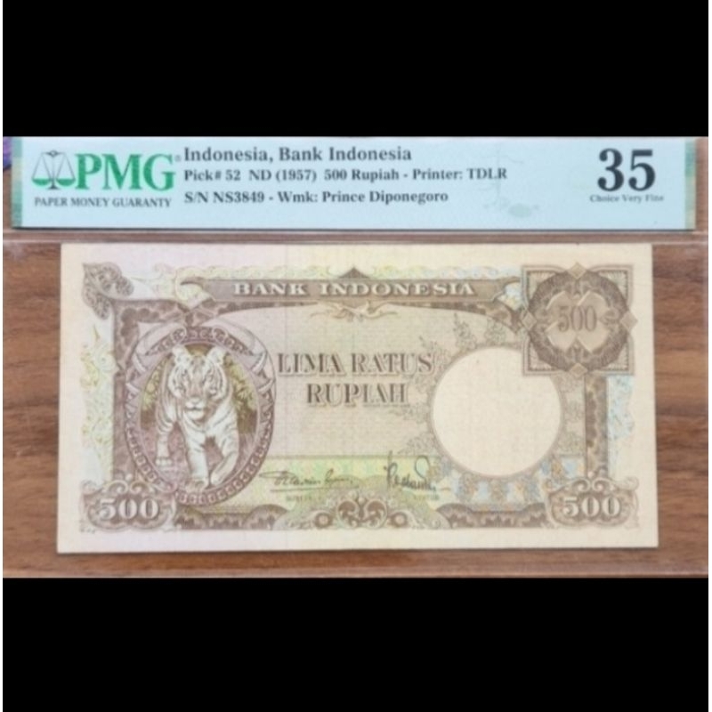 Uang Kuno 500 Rupiah Tahun 1957 Seri Hewan Harimau PMG 35 Langka