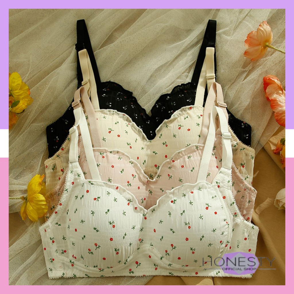 Miss H ~ 246 Bra wanita Motif Bunga Musim Semi Sexy Fashion Korea Trendy Bh Women Tanpa Kawat Murah Import