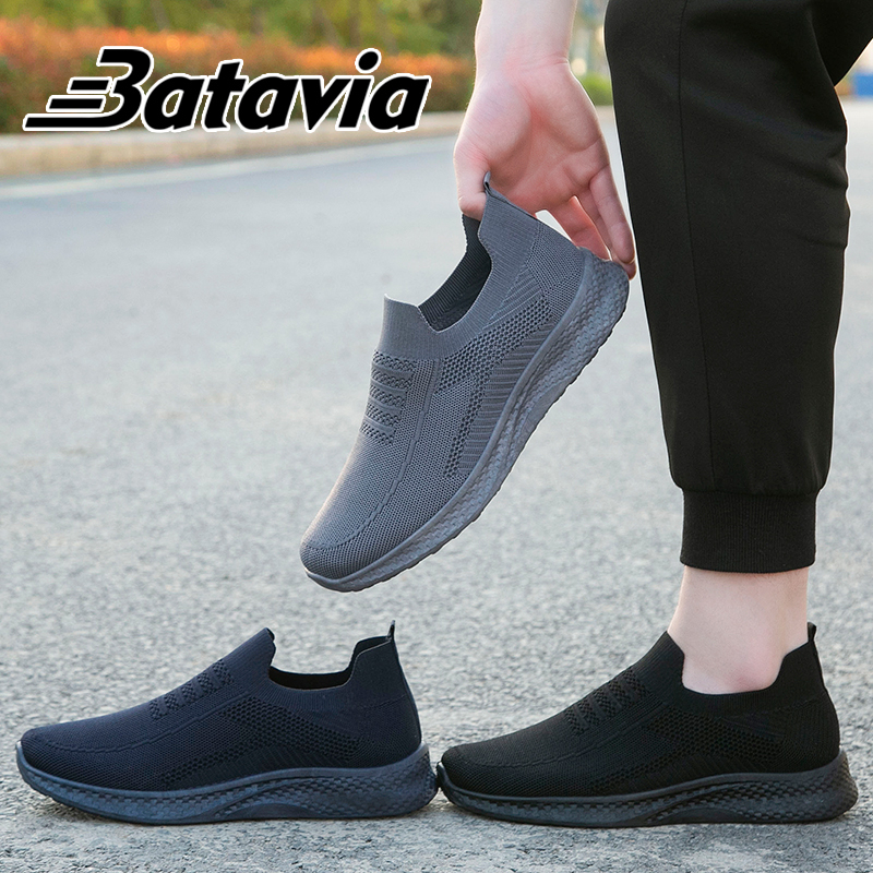 Batavia Sepatu pria olahraga tenun terbang impor asli terbaru sepatu sekolah hitam sepatu pria keren B35