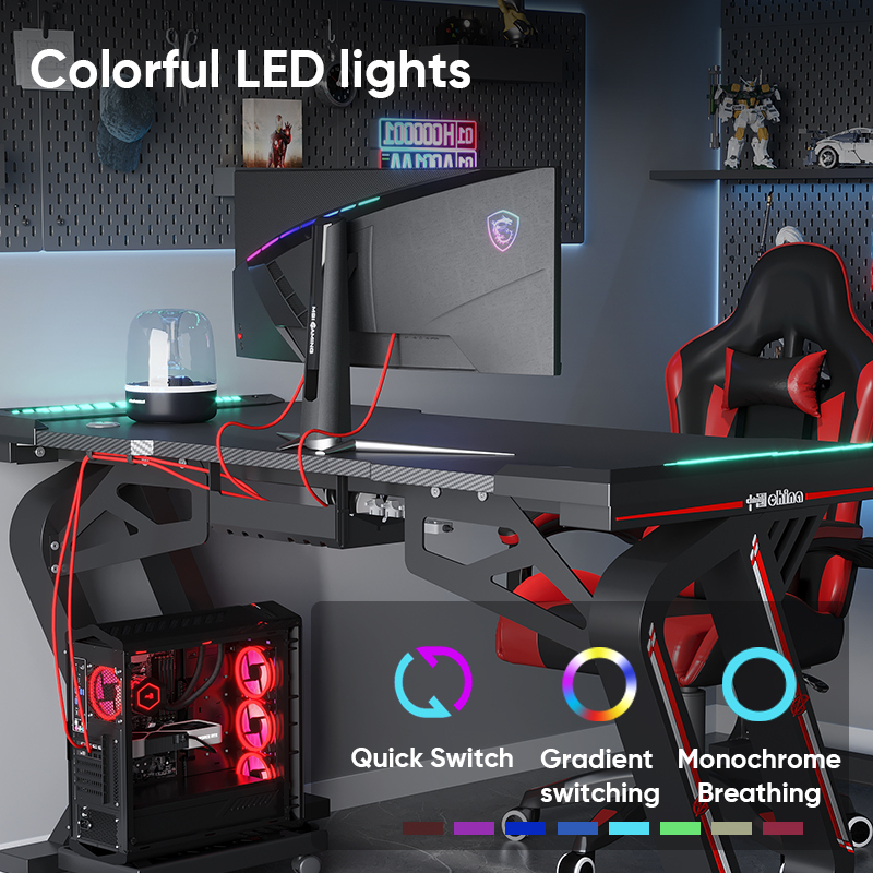 Deli Furniture Meja Gaming / Meja Komputer / Gaming Table Build In LED Light Kapasitas 300 KG E91512-3