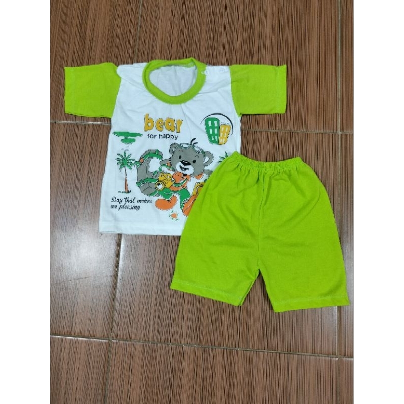 Setelan Baju Bayi Piyama Bayi Lengan Pendek Kancing Pundak Motif Bear Usia 0-12 Bulan