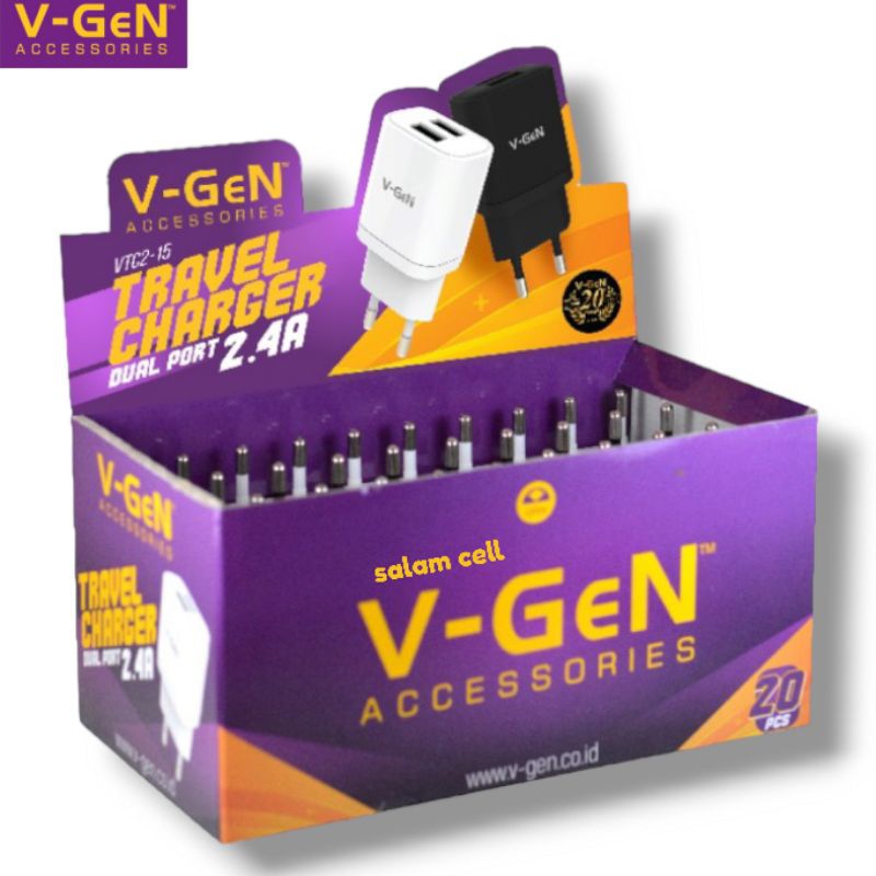 Charger V-Gen VCT2-15 Dual Port 2,4A 1Pack Isi 20pcs Original VGEN Garansi Resmi