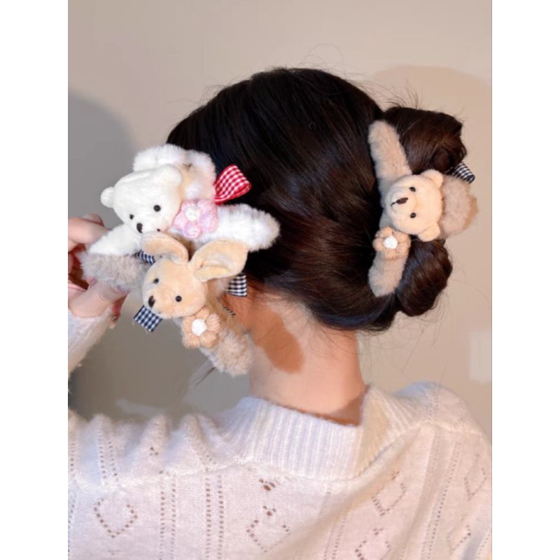 Jepit Rambut Bulu Korea Jumbo 11.5cm Dengan Variasi Boneka Beruang Kelinci Jedai Bulu Plush Doll Bear Bunny Aksesoris Rambut Wanita Rabbit Fluffy Faux Fur Hair Claw