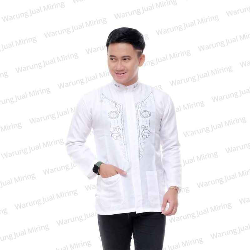 Baju Koko Lengan Panjang Bordir Klasik Kemeja Kantong Polos Dobby New Original