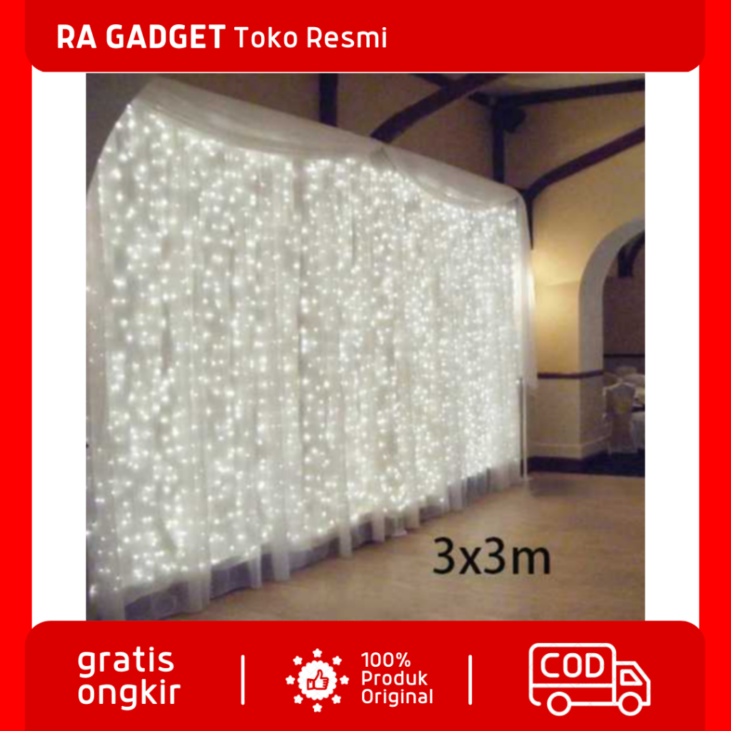 Lampu Gorden Dekorasi Wedding Light 3x3Meter 300 LED Cool White / Lampu Tirai Air Terjun Hujan Water