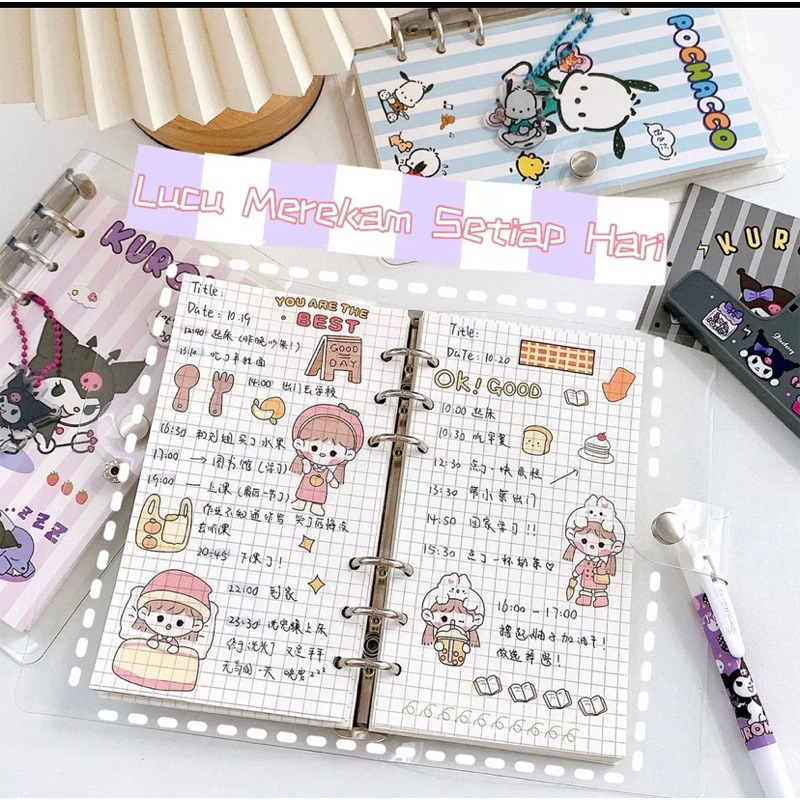 Binder Sanrio/Binder Cinnamonrol/Binder Kuromi/Buku Binder Notebook Aesthetic Colourfull/Buku Binder Buku Tulis Kertas Kotak/Refil Binder/Daily Planner/Journal/Jurnal/Agenda/Notebook/Buku Catatan Lucu/Isi Binder