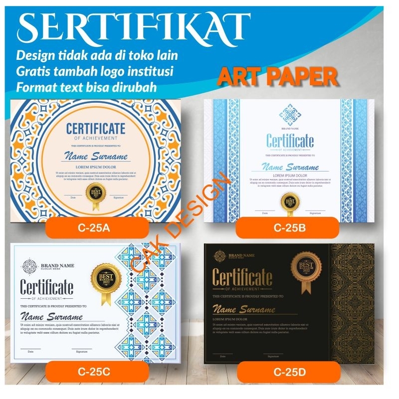 

Cetak Sertifikat / Certificate Custom Tanpa minimal Order Banyak Tema, Classic, Standard, Premium Bahan tebal Concorde, BC, dan Jasmine Bisa pilih beberapa design.