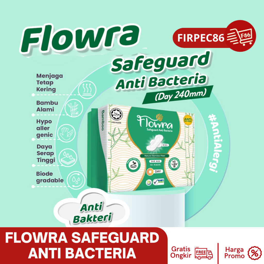 Flowra Safeguard Day 240 mm, Pembalut Serat, Serat Bambu, Anti Bacteri