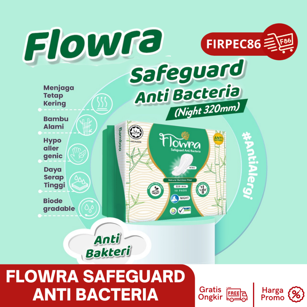 Flowra Safeguard Night 320 mm, Pembalut Serat Bambu, Anti bacterial