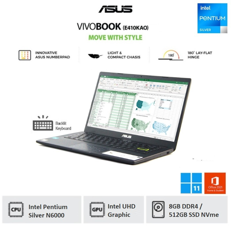 Asus E410KAO-VIPS655 Pentium N6000/8GB/512GB/14″FHD Backlit/Intel UHD/Win 11+OHS 2021