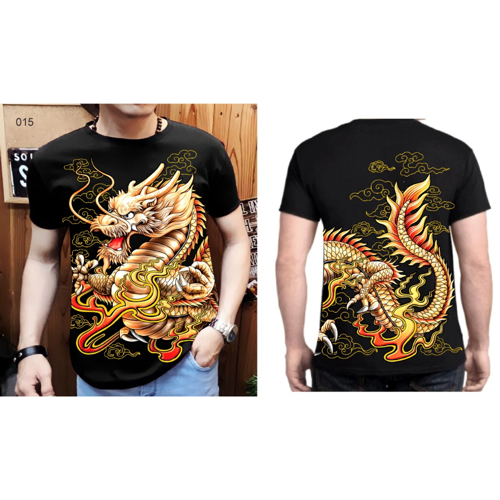 kaos distro pria T-shirt motif naga emas