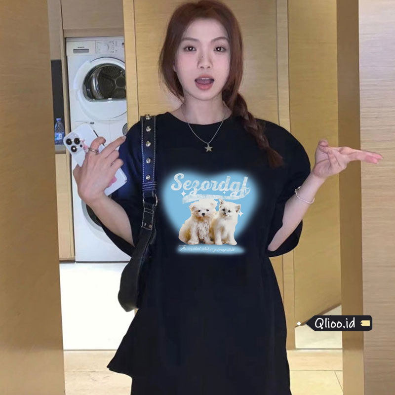 Print T-shirt Kaos Lengan Pendek Cartoon Dog And Cat Oversize Atasan Wanita Korean Style