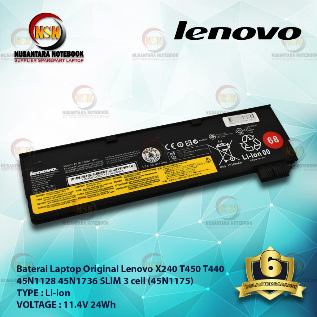 Baterai Original Laptop Lenovo X240 T450 T440 Slim 45N1175 11.4V 24Wh 3Cell