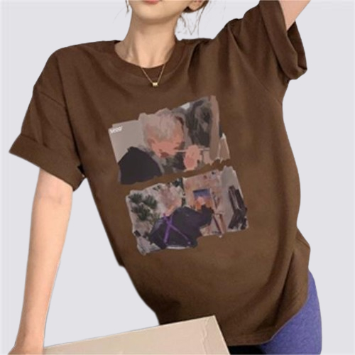 XIAOZHAINV Kaos Atasan Wanita Painting Pattern Lengan Pendek Cokelat A0166