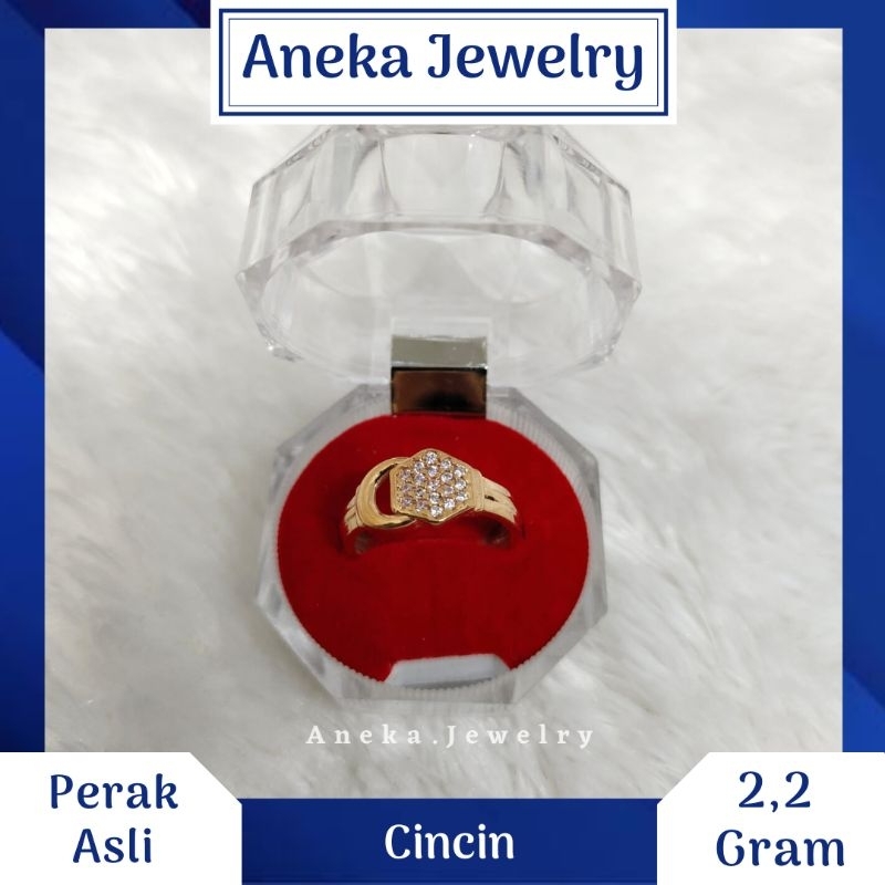 Cincin Segi Lima Cor Mata Full, Perak 925, Sepuh Emas Kuning