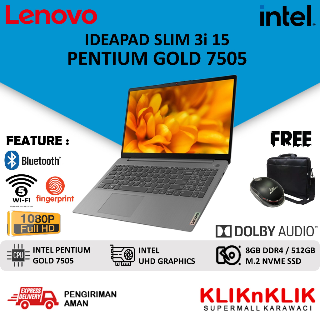 LAPTOP LENOVO IDEAPAD SLIM 3I 15 INCH INTEL PENTIUM GOLD 7505 8GB 256GB WINDOWS 11 HOME